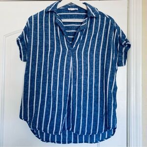 Anthropologie Beach Lunch Lounge Linen/Cotton Blend Blue & White Striped Blouse
